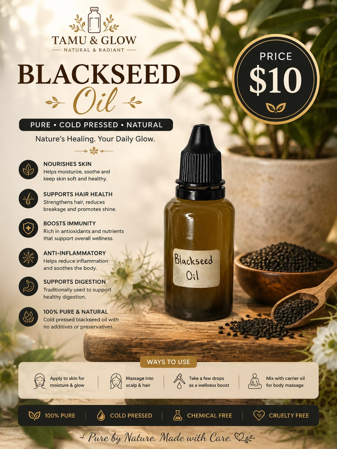 Tamu & Glow Black Seed Oil bottle with cold-pressed pure natural oil and black seeds