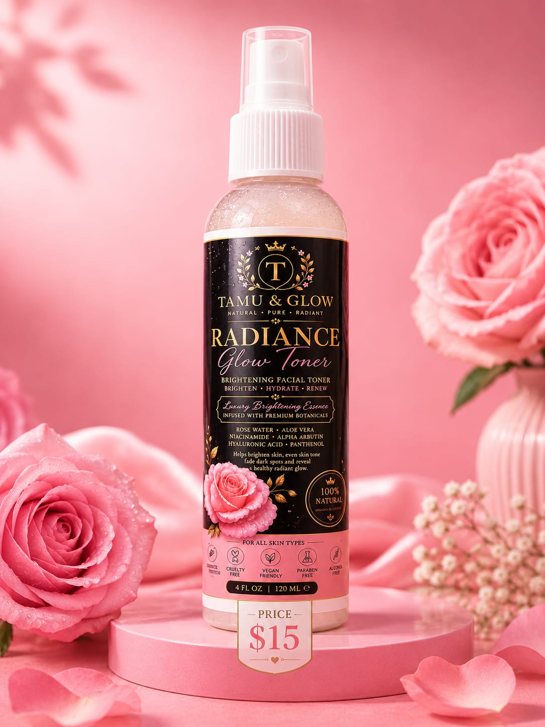 Tamu & Glow Radiance Glow Toner brightening facial toner spray bottle, 4 fl oz / 120 ml