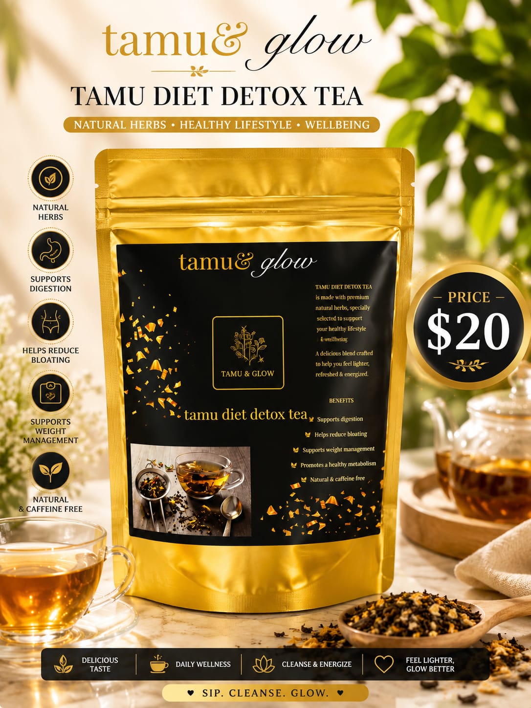 Tamu & Glow Diet Detox Tea natural herbal blend pouch