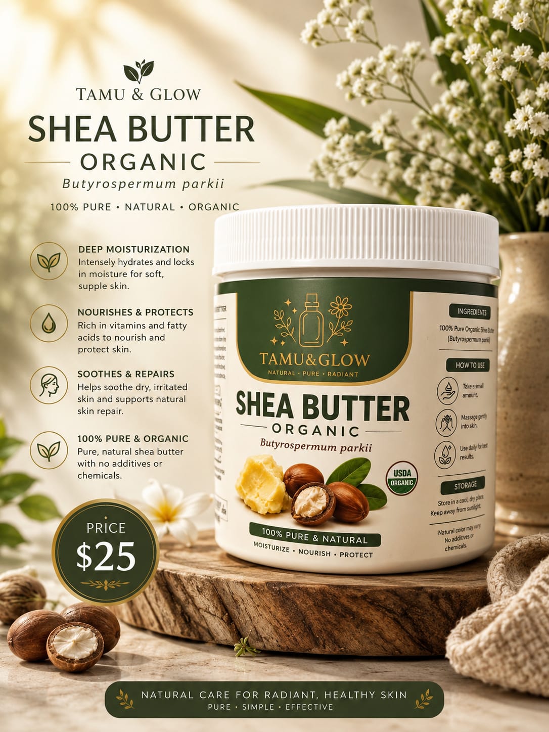 Tamu & Glow Organic Shea Butter jar — 100% pure Butyrospermum parkii