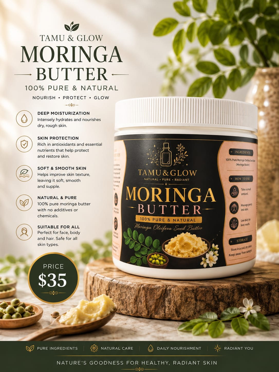 Tamu & Glow Moringa Butter 100% pure and natural moringa oleifera seed butter jar