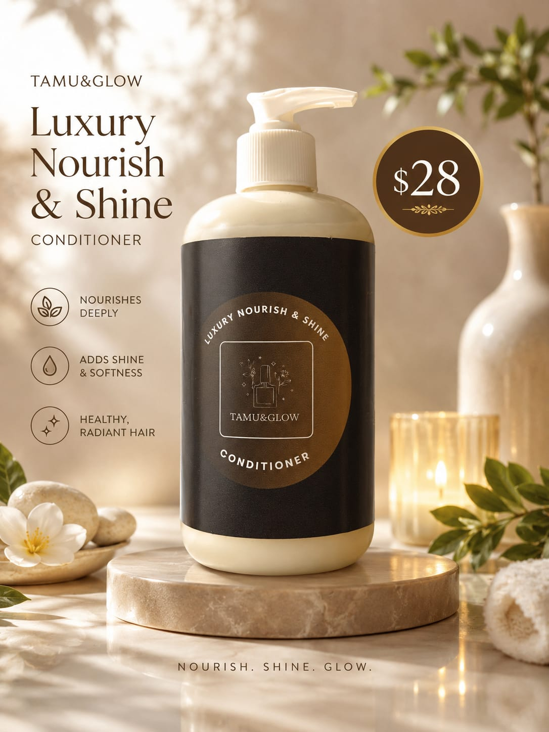 Tamu & Glow Luxury Nourish & Shine Conditioner pump bottle with deep hydration formula