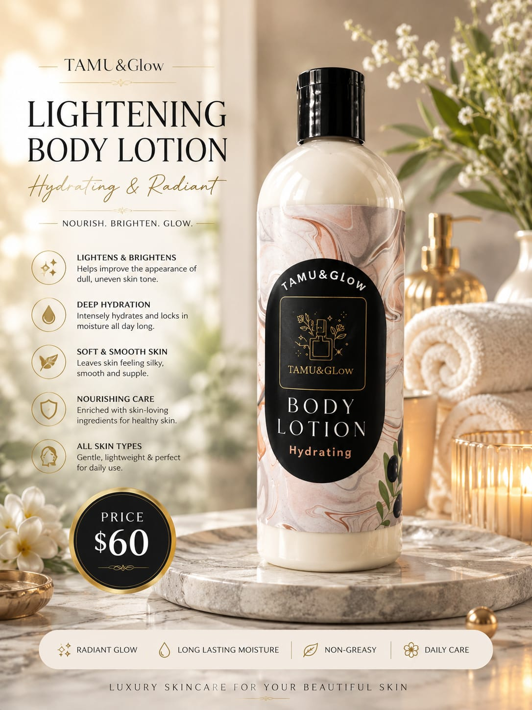 Tamu & Glow Lightening Body Lotion hydrating and radiant luxury skincare bottle