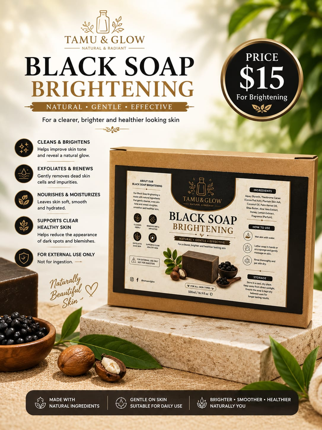 Tamu & Glow Black Soap Brightening bar in kraft gift box with natural ingredients