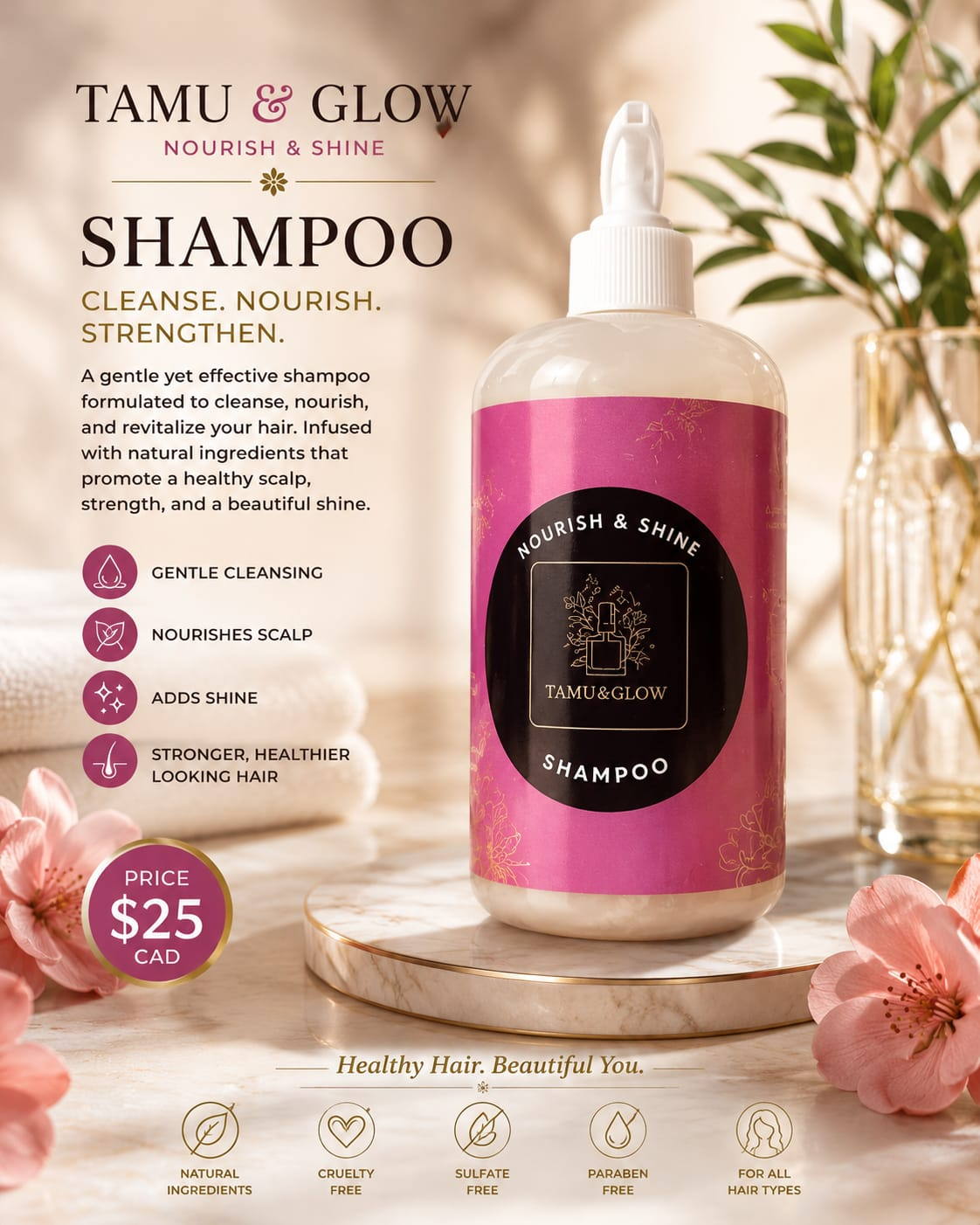 Tamu & Glow Nourish & Shine Shampoo bottle with natural ingredients for healthy scalp and shiny hair