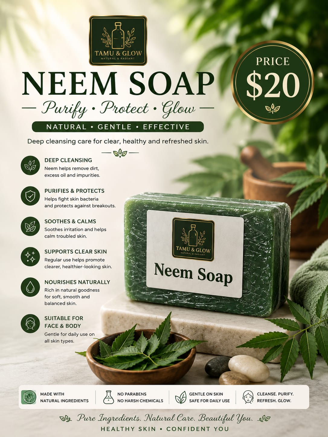 Tamu & Glow Neem Soap natural handcrafted bar with fresh neem leaves