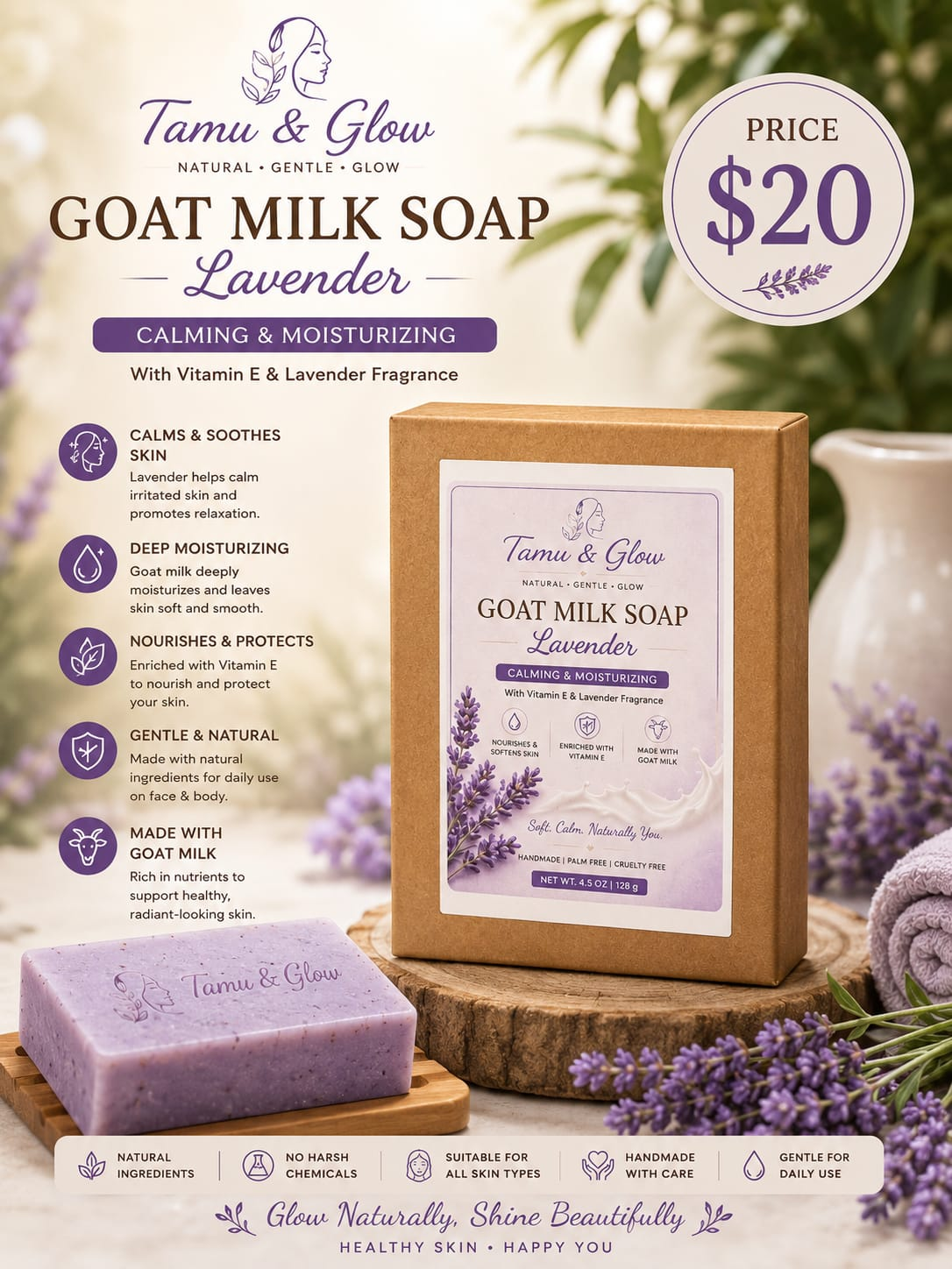 Tamu & Glow Goat Milk Soap Lavender handmade bar with fresh lavender, 4.5 oz / 128 g