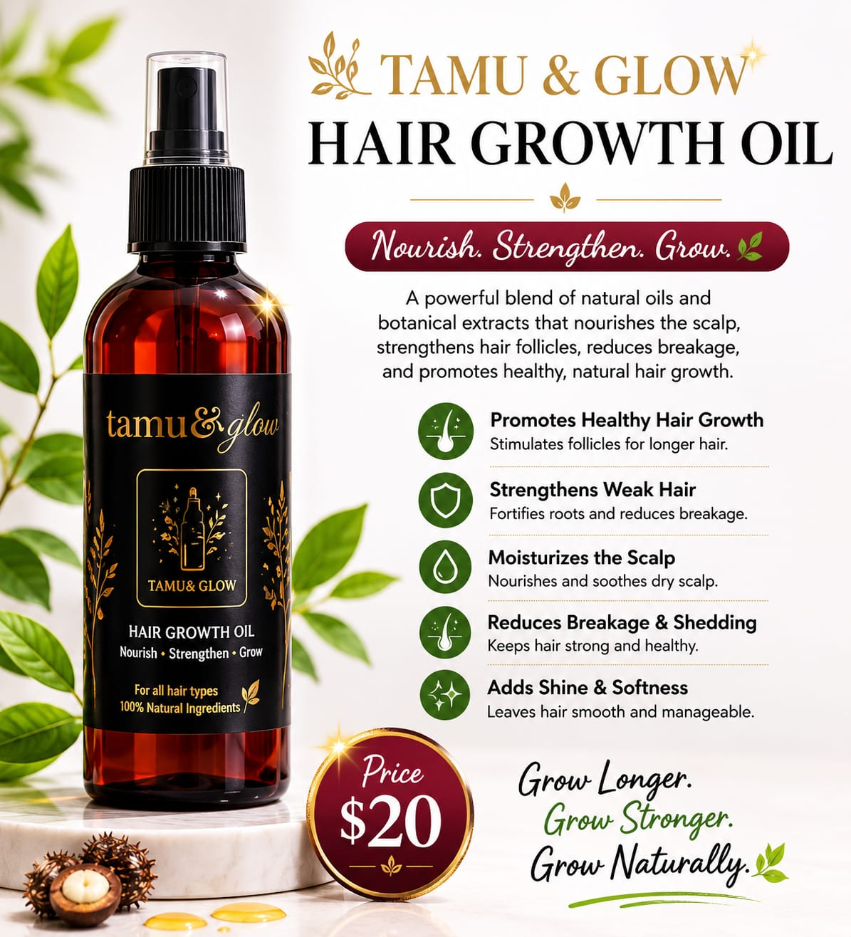 Tamu & Glow Hair Growth Oil spray bottle with natural botanical leaves