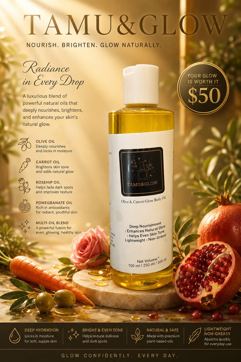 Tamu & Glow Olive & Carrot Glow Body Oil bottle, 100 ml / 250 ml / 500 ml